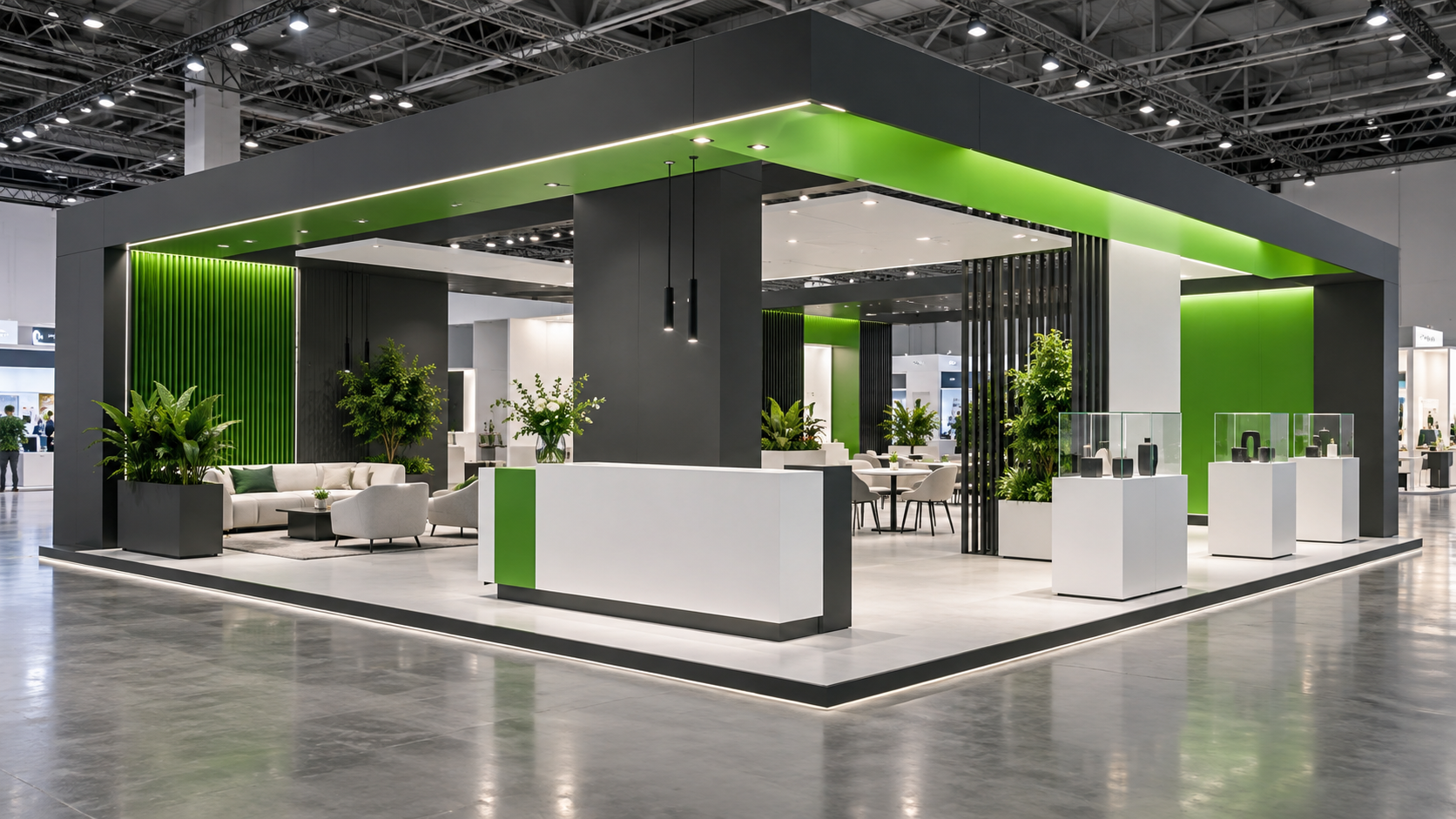 Concept exhibit with graphite structure, green accents, product displays and a meeting area